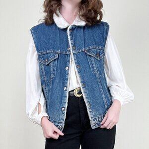 Vintage 80s Sherpa Lined Denim Jean Vest Jacket Trucker Western Cowgirl Country